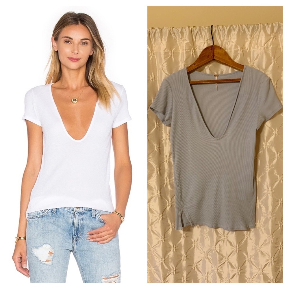 Free People Deep V Short Sleeve Tee in Light Gray